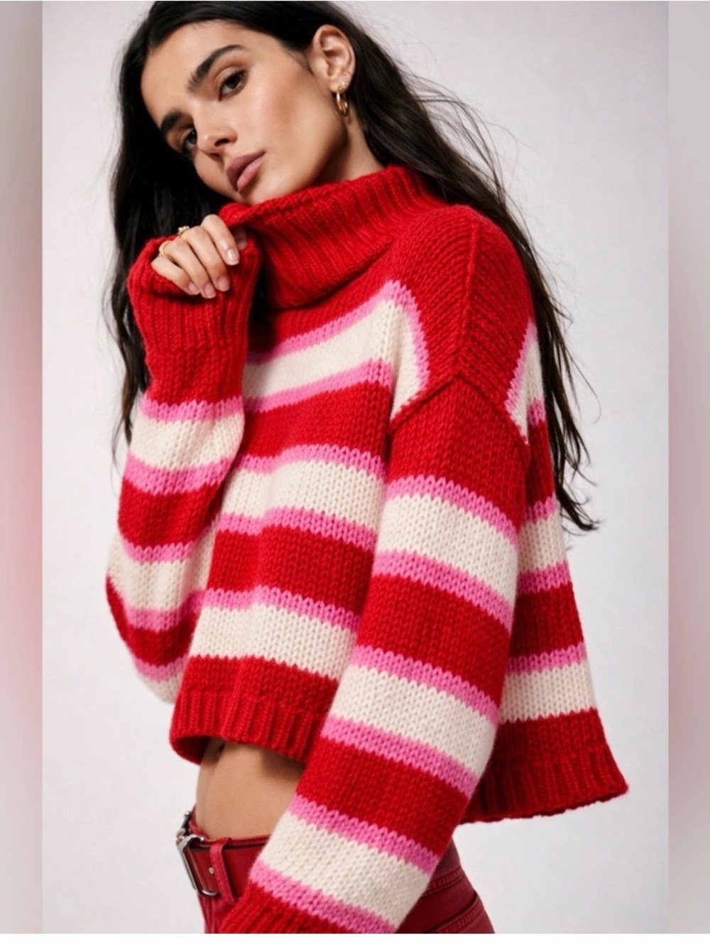 Altar’d State Red Pink Striped Cropped Turtleneck Sweater L